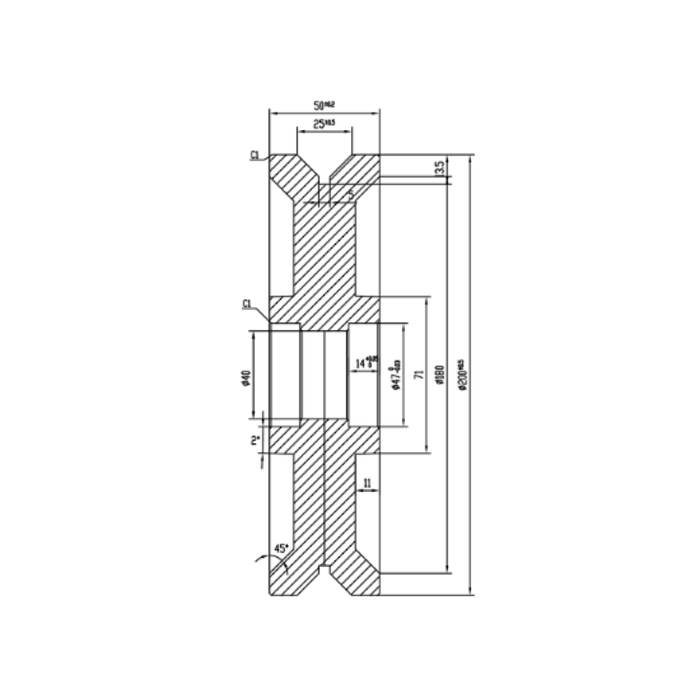 Groefwiel 200 mm met V groef - 1400 kg