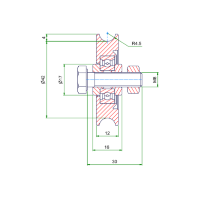 Groefwiel 50 mm met U groef - 70 kg