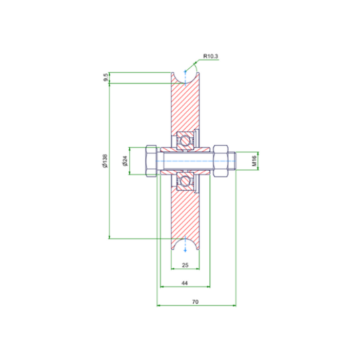Rvs groefwiel 160 mm met U groef - 290 kg