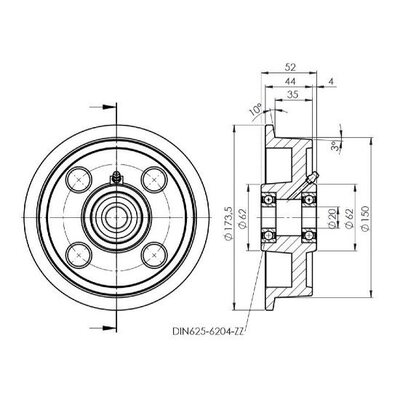 Flenswiel 150 mm - gietijzer - 1000 kg