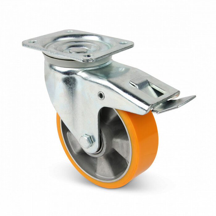 PU zwenkwiel met rem 200 mm - kogellager - 900 kg