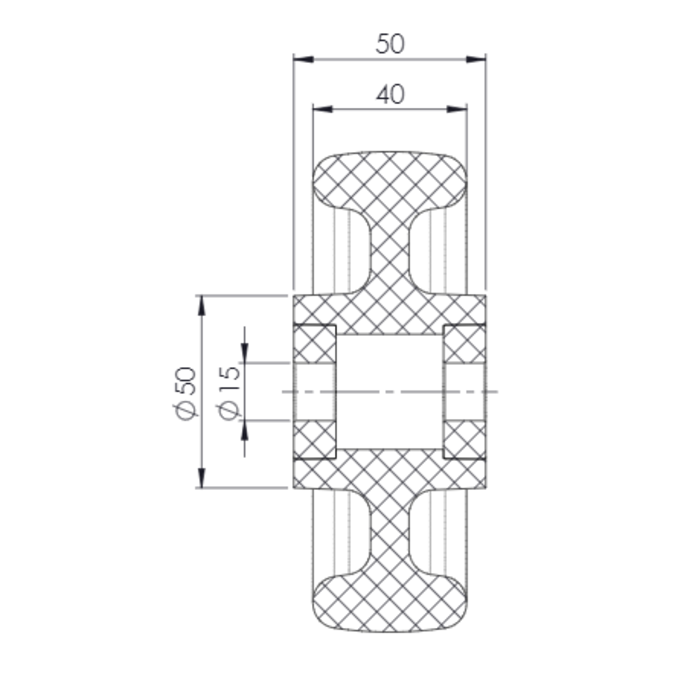 Nylon wiel 125 mm - asgat 15 mm - 400 kg