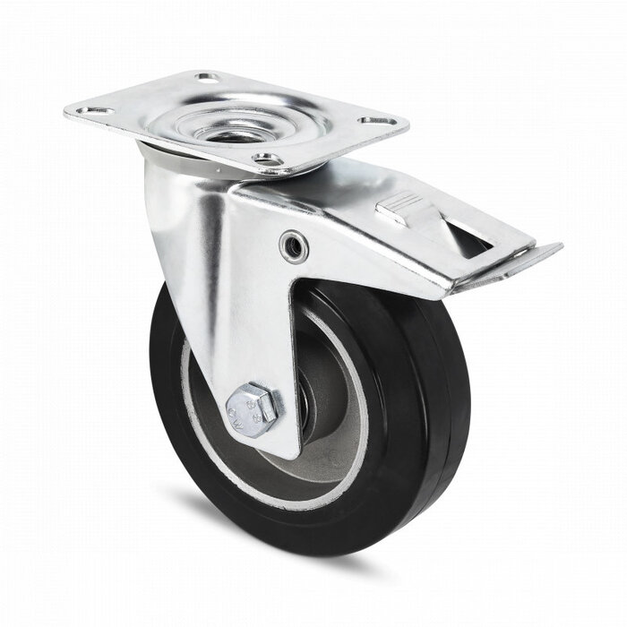 Rubber zwenkwiel met rem 100 mm - kogellager - 150 kg