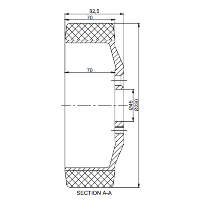 Polyurethaan aandrijfwiel 230x70 mm - Boring 45 mm flensaansluiting - 1350 kg