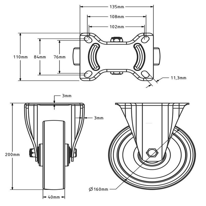Rubber bokwiel 160 mm - rollager - 200 kg