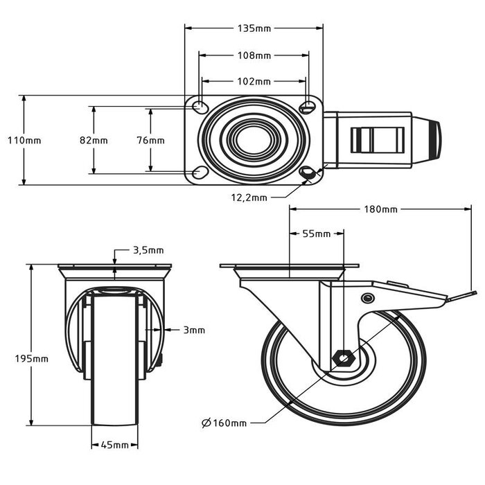 Nylon zwenkwiel met rem 160 mm - rollager - 300 kg
