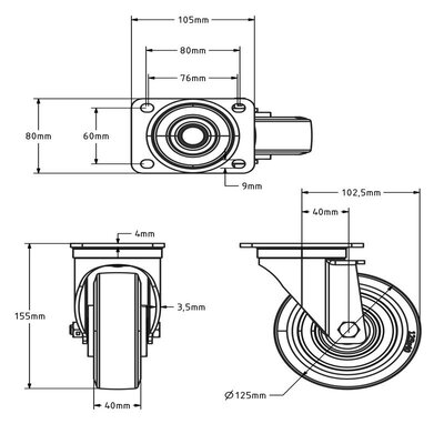 Rubber zwenkwiel 125 mm - kogellager - 250 kg