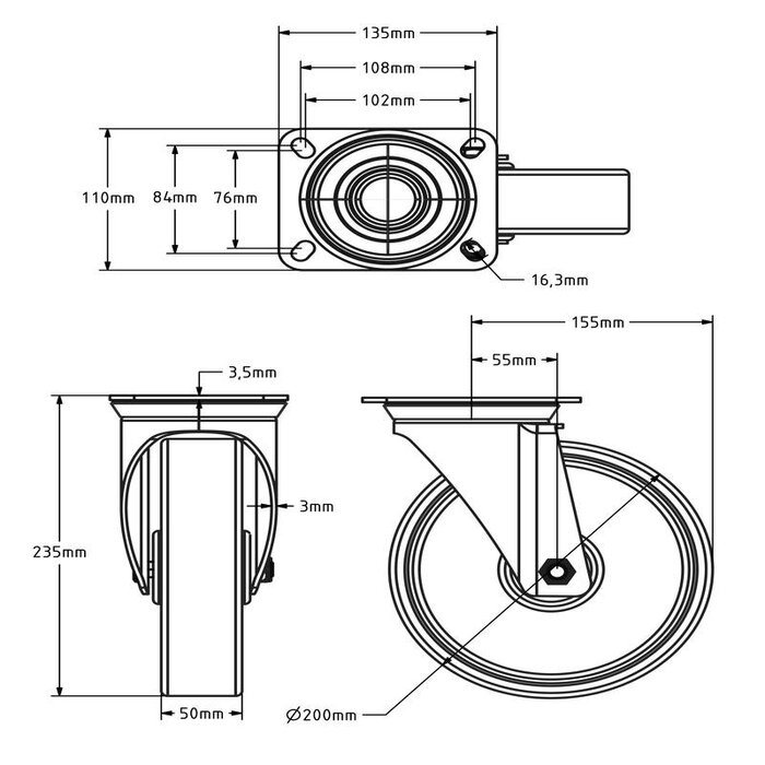 Zwart polyurethaan zwenkwiel 200 mm - 400 kg