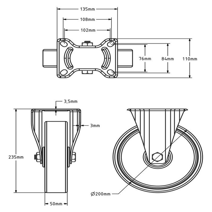 Zwart polyurethaan bokwiel 200 mm - 400 kg
