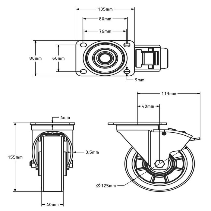 PU zwenkwiel met rem 125 mm - kogellager - 350 kg