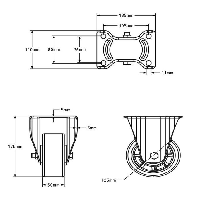 PU bokwiel 125 mm - kogellager - 500 kg