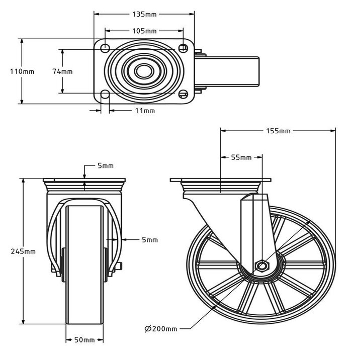 PU zwenkwiel 200 mm - kogellager - 900 kg