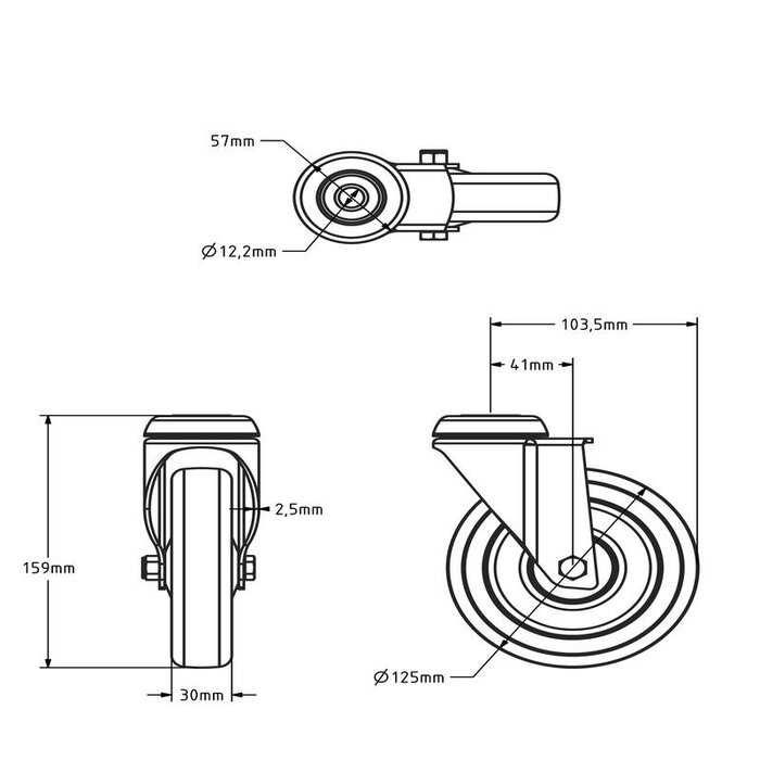 ESD Rvs zwenkwiel 125 mm - Rubber - 100 kg