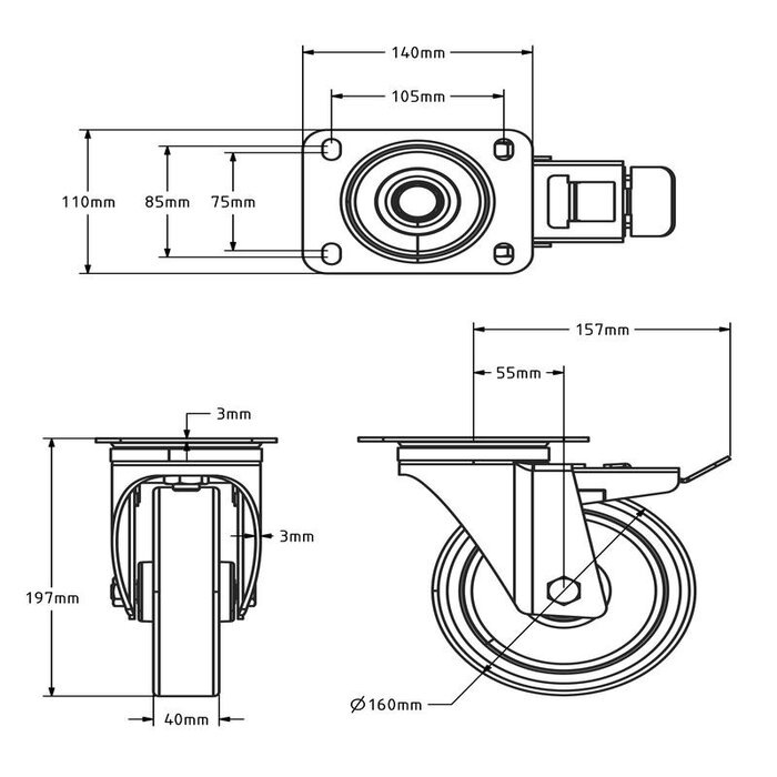 Rvs zwenkwiel met rem 160 mm - rollager - 300 kg