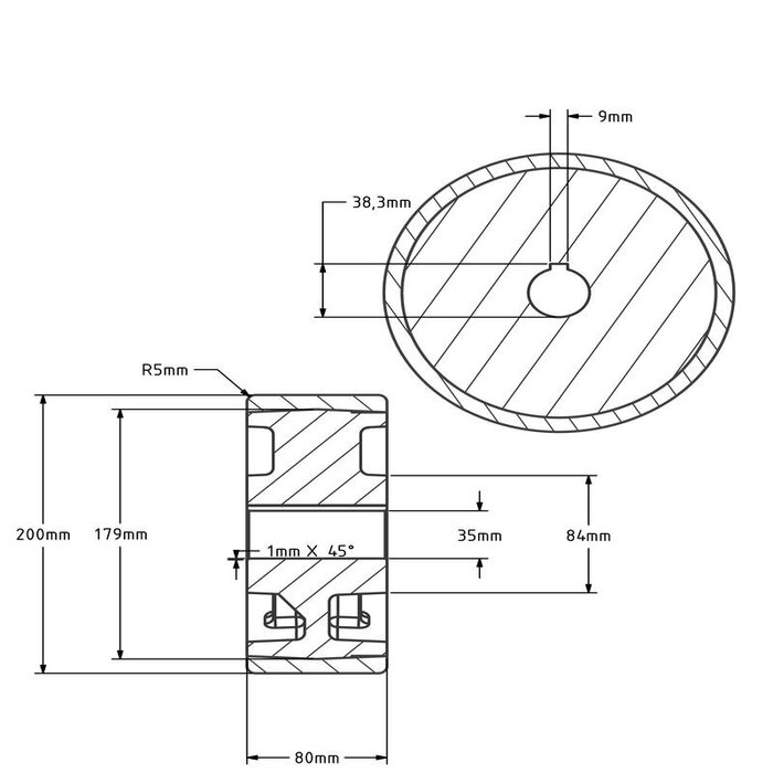 Polyurethaan aandrijfwiel 200x80 mm - Boring 35 mm H7 spiebaan - 1600 kg