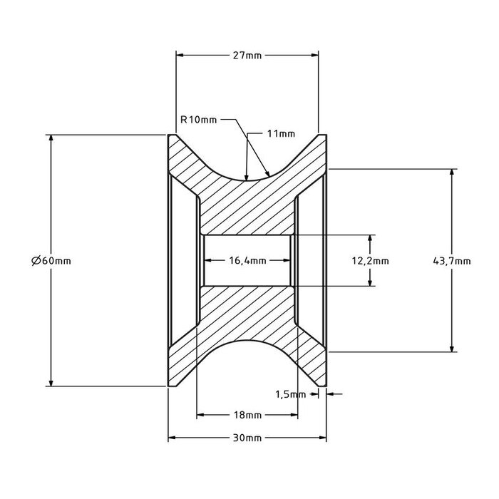 Kunststof kabelschijf 60 mm met U groef - 90 kg