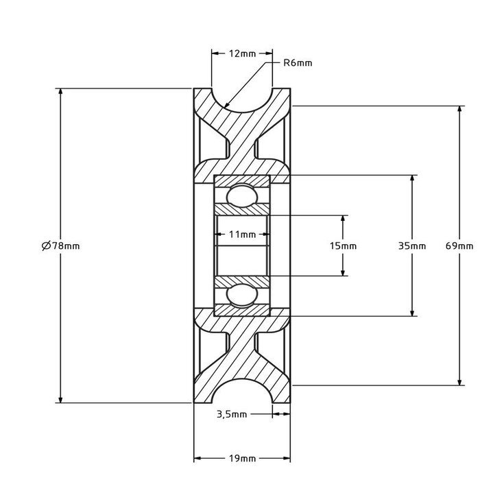 Kunststof kabelschijf 78 mm met U groef - 245 kg