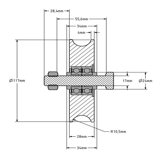 Groefwiel 120 mm met U groef - 450 kg