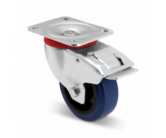 Versterkt blauw rubber zwenkwiel met rem 100 mm  - 180 kg
