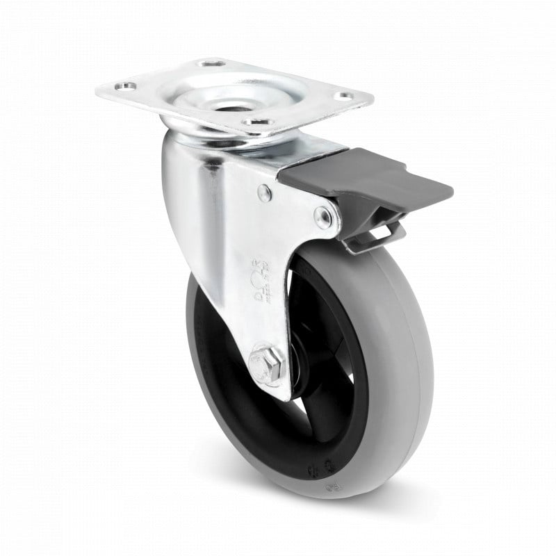 Zwenkwiel met rem 125 mm - zacht grijs rubber - 75 kg