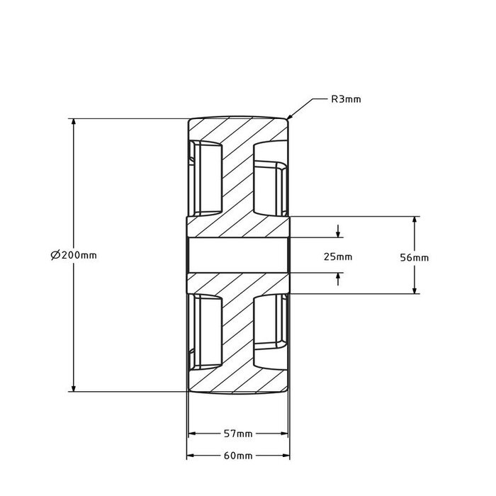 Nylon wiel 200 mm - asgat 25 mm - 900 kg