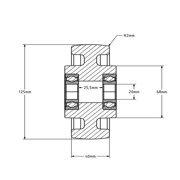 Nylon wiel 125 mm - kogellager asgat 20 mm - 700 kg