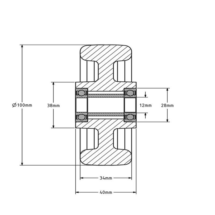 Nylon wiel 100 mm - kogellager asgat 12 mm - 300 kg