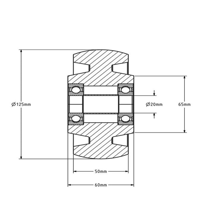 Nylon wiel 125 mm - kogellager asgat 20 mm - 700 kg