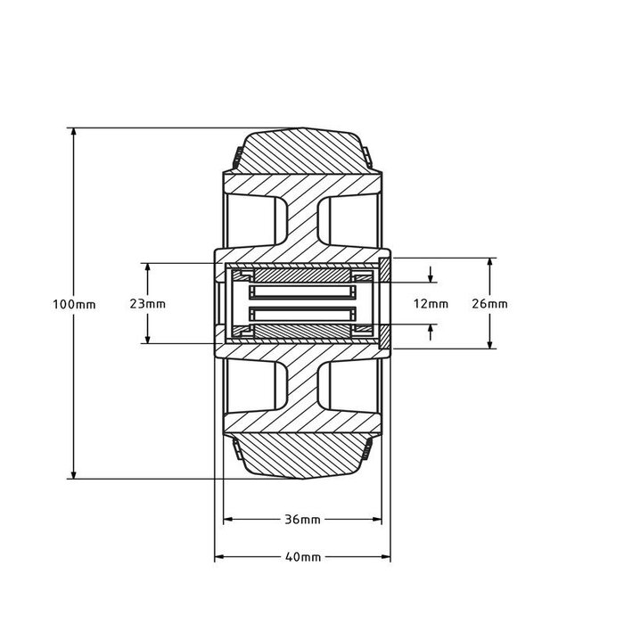 Rubber wiel 100 mm - rollager asgat 12 mm - 160 kg