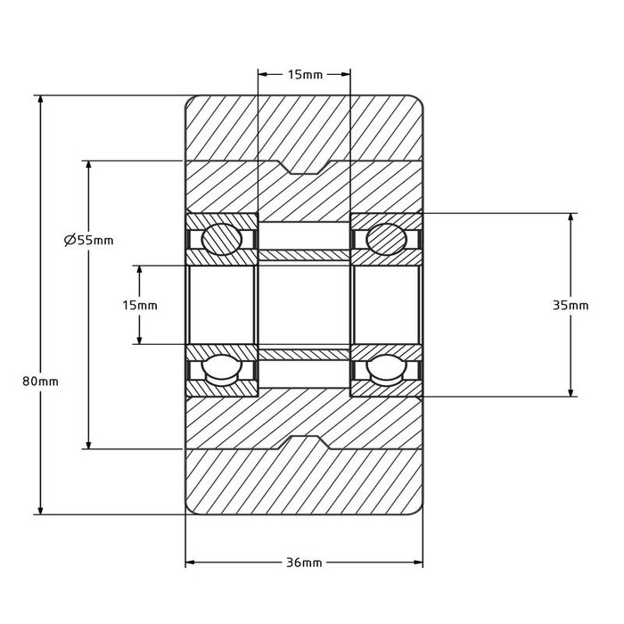PU wiel 80 mm - kogellager asgat 15 mm - 225 kg