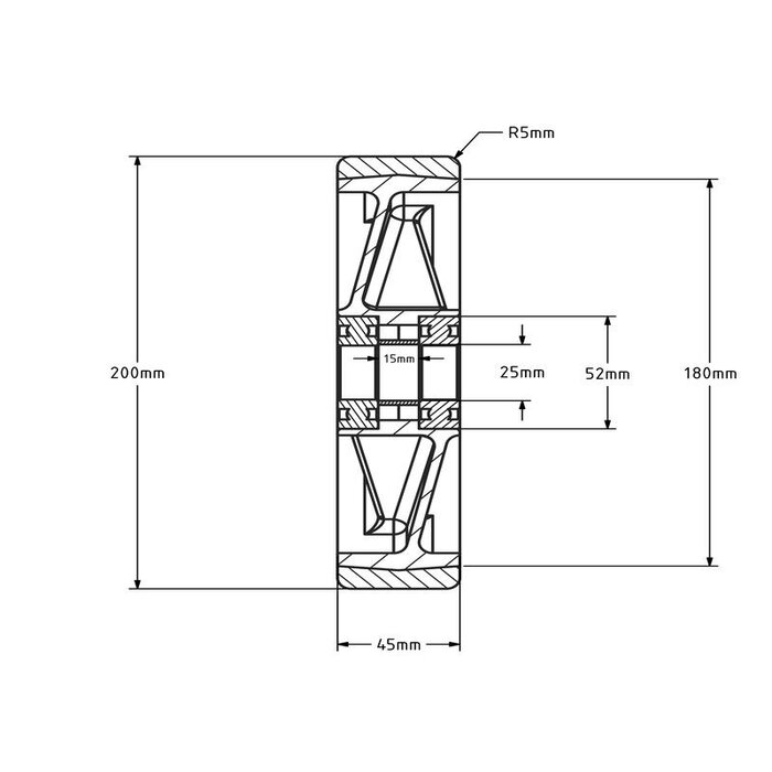 PU wiel 200 mm - kogellager asgat 25 mm - 1000 kg