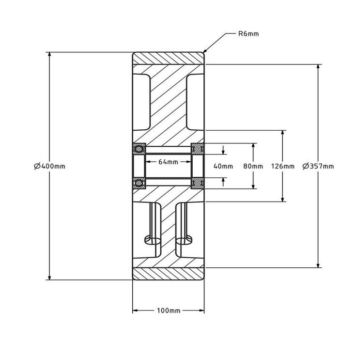 PU wiel 400 x 100 mm - kogellager asgat 40 mm - 4000 kg