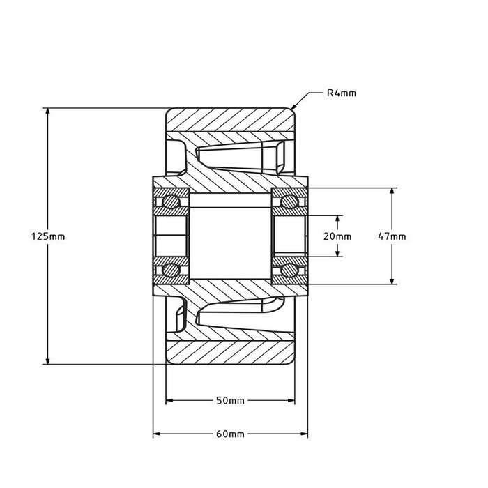 PU wiel 125 mm - kogellager asgat 20 mm - 500 kg