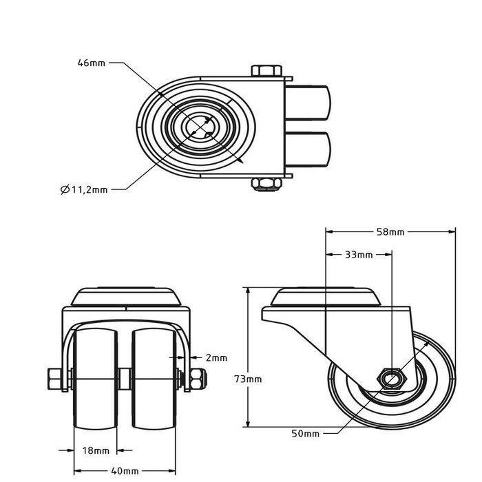 Dubbel zwenkwiel 50 mm - boutgat - 80 kg