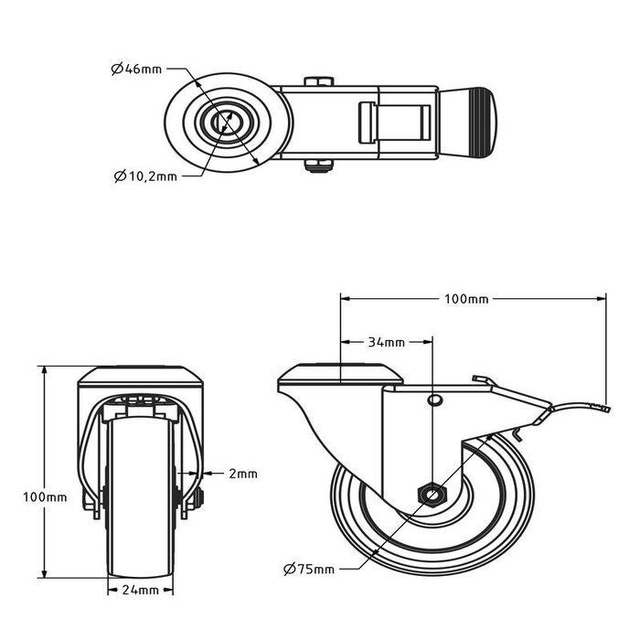 Zwart zwenkwiel met rem 75 mm - boutgat - 60 kg
