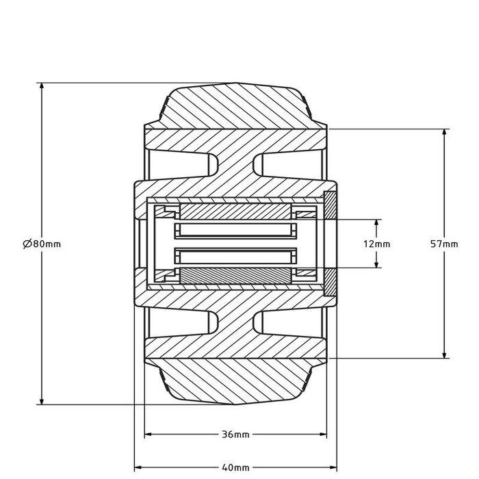 Rubber wiel 80 mm - rollager asgat 12 mm - 110 kg