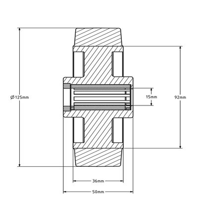 Rubber wiel 125 mm - rollager asgat 15 mm - 220 kg