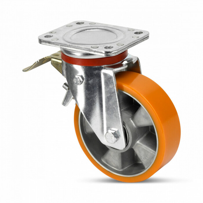 PU zwenkwiel met rem 200 mm - versterkt - kogellager - 800 kg