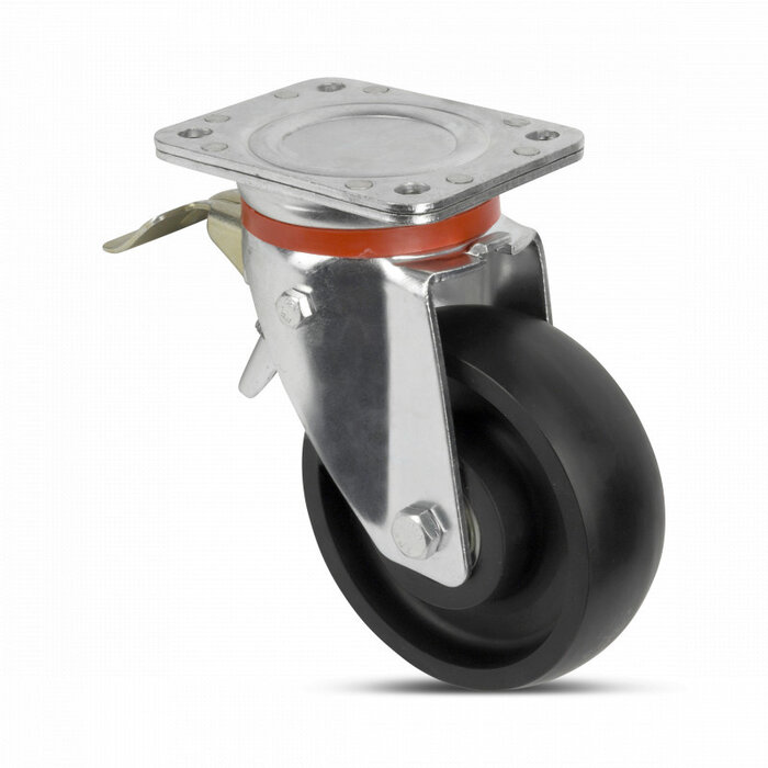 Nylon zwenkwiel met rem 200 mm - versterkt - kogellager - 800 kg