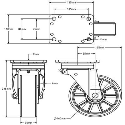 PU zwenkwiel 160 mm - versterkt - kogellager - 800 kg