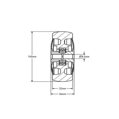 Rubber wiel 100 mm - kogellager asgat 8 mm - 100 kg
