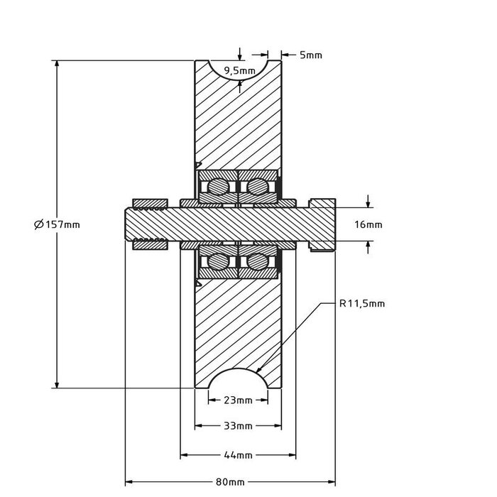 Rvs groefwiel 160 mm met U groef - 575 kg