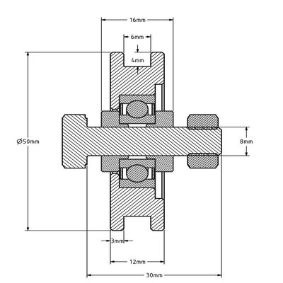 Groefwiel 50 mm met vierkante groef - 70 kg