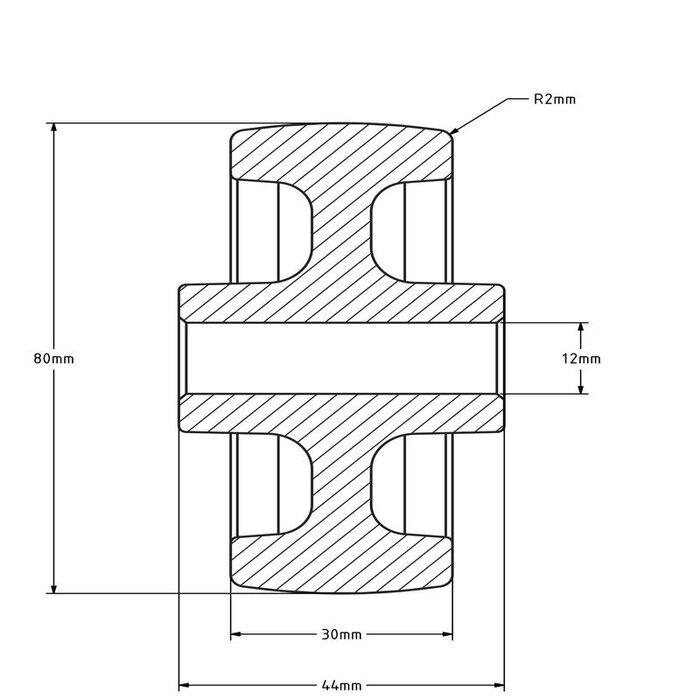Nylon wiel 80 mm - asgat 12 mm - 250 kg