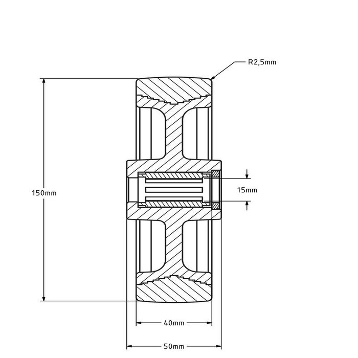 Rvs PU wiel 150 mm - rollager - 400 kg
