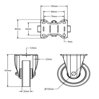 Rubber bokwiel 125 mm - kogellager - 250 kg