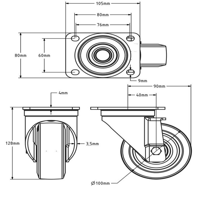 Rubber zwenkwiel 100 mm - kogellager - 180 kg