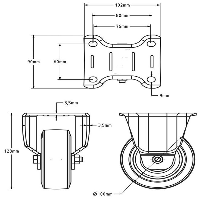 Rubber bokwiel 100 mm - kogellager - 180 kg