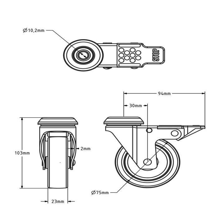 Rvs zwenkwiel met rem 75 mm - Rubber - 60 kg