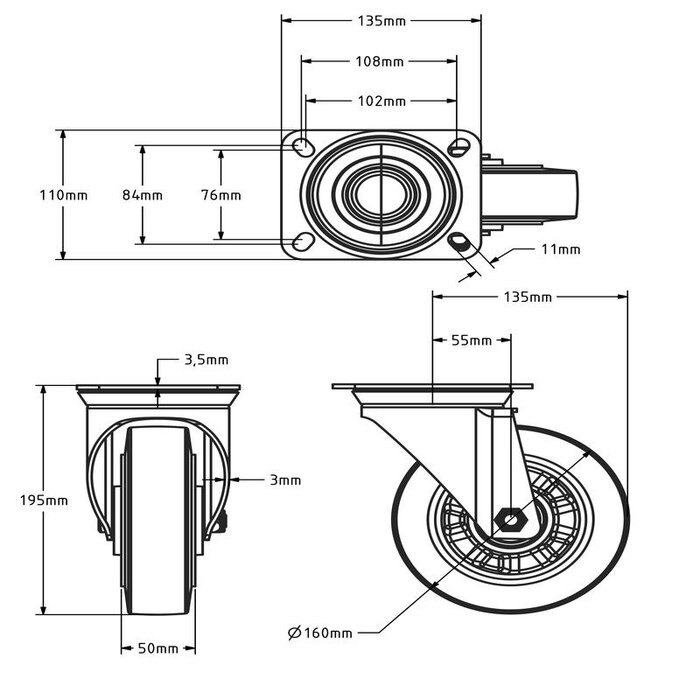 Rubber zwenkwiel 160 mm - kogellager - 350 kg